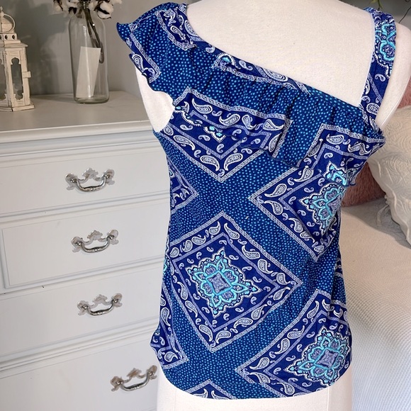 J Khaki One Shoulder Blue Paisley Knit Ruffle Top Girls Large - Picture 2 of 5
